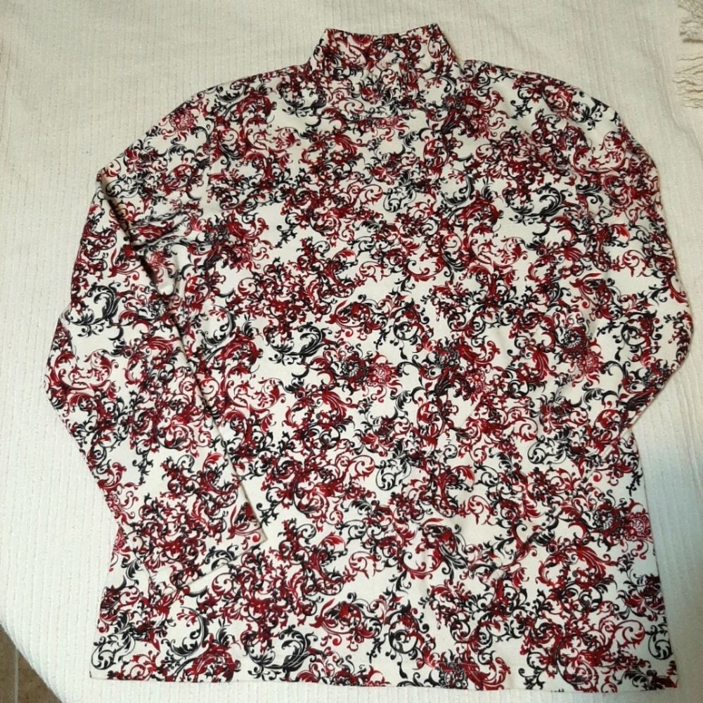 Karen Scott Paisley Red Boho Mock Neck Long Sleeve 100%Cotton Basic Medium